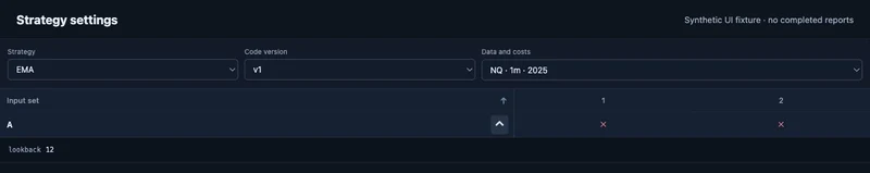 EdgeVeris Strategy settings with code version, data and costs, and expanded input set A showing its parameters.