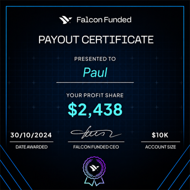 Falcon Funded payout certificate presented to Paul