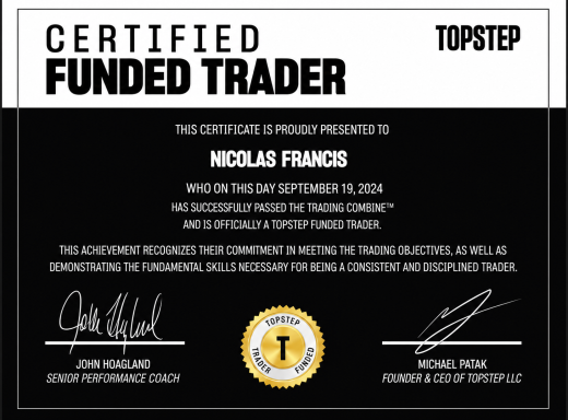 Topstep Certified Funded Trader certificate presented to Nicolas Francis