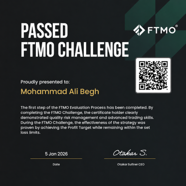 FTMO Challenge completion certificate presented to Mohammad Ali Begh