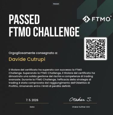 FTMO Challenge completion certificate presented to Davide Cutrupi
